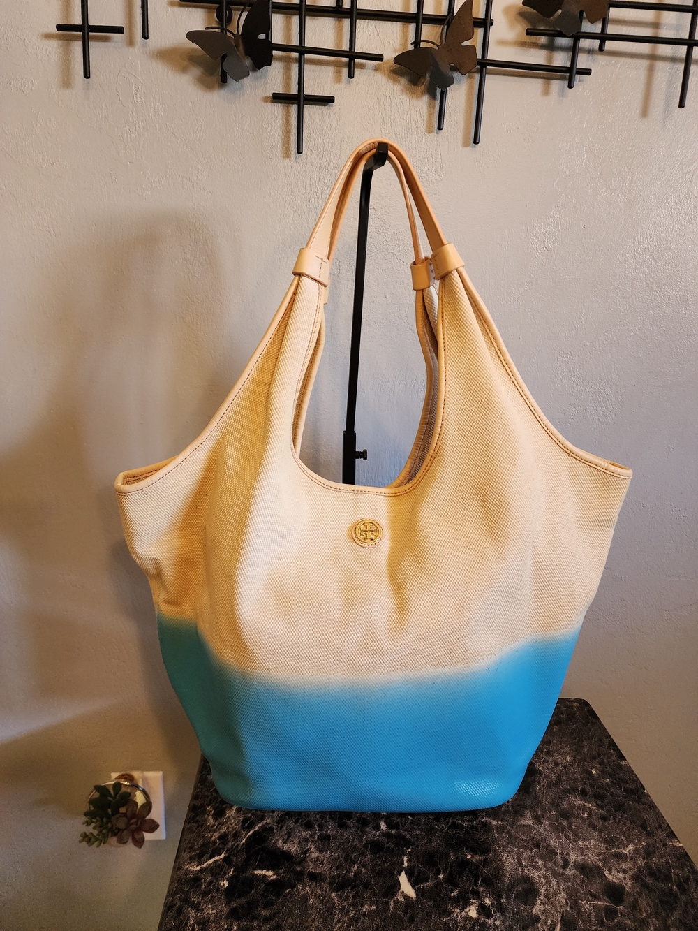 Tory Burch Canvas Dip-Dye Tote Bag in Cream and Blue